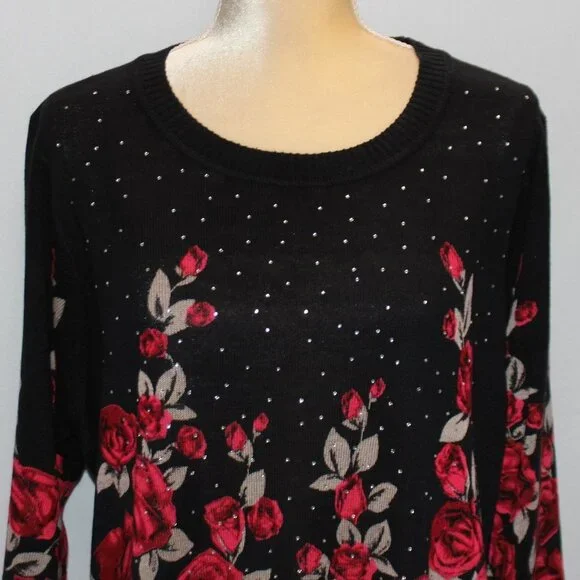 Rebecca Malone Woman Red and Tan Roses on a Black Crew Neck Sweater - Picture 2 of 14